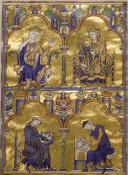 Blanche von Kastilien und König Ludwig IX. von Frankreich; Autor diktiert einem Schreiber
